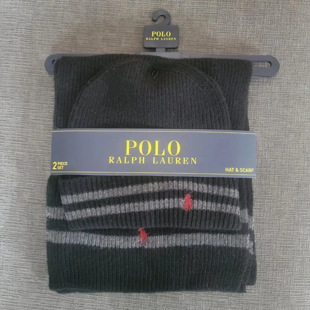 Polo Ralph Lauren Men's Black 2 Piece Set Hat & Scarf Lambswool Blend